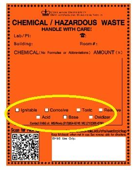 Example of orange Chemical and Hazardous waste label.