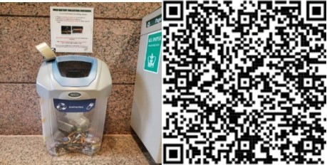 Battery bin pictured on the left with a QR code on the right.
