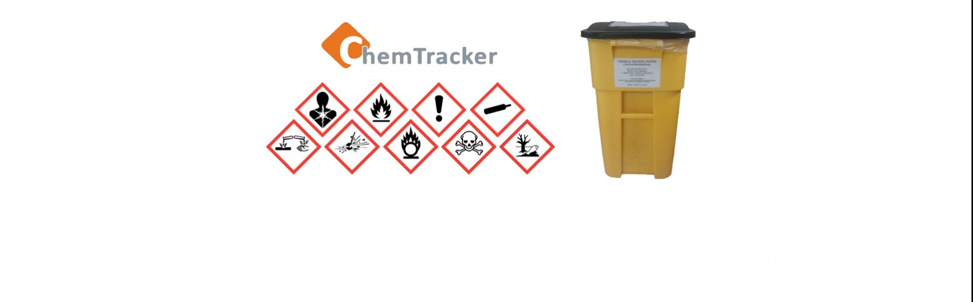 ChemTracker logo with warning signs beneath and a yellow bin to the right