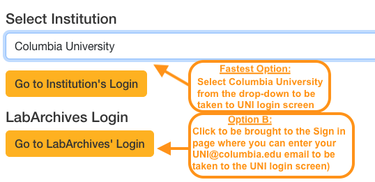 Institutional login screen with Columbia University selected; help text indicates that this is the fastest option to get to the UNI login screen, but that the LabArchives login button will also get you to the same screen eventually