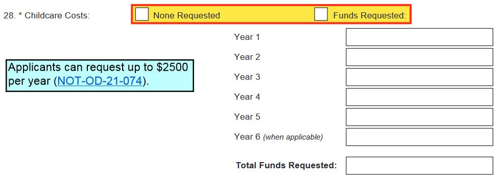 Screen shot of FORMS-H PHS Fellowship Supplemental form, line 28 request for childcare costs
