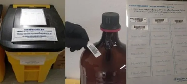 Image of bin, bottle and labels