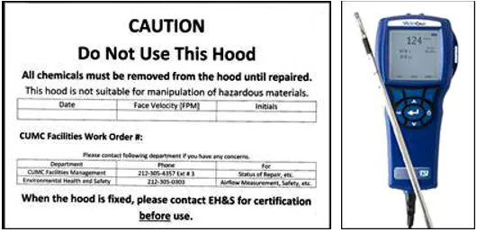 Caution sign left, meter instrument right