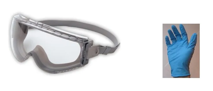 Pair of goggles on the left and blue gloves on the right.