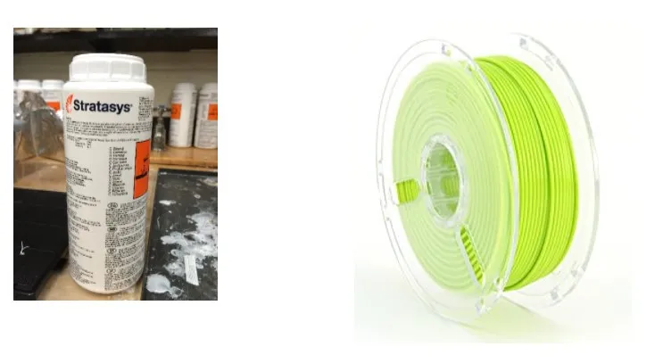 Container of Stratasys on left and spool of green on right.