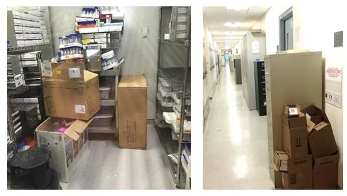 Side-by-side pictures showing excessive amounts of cardboard box pilings.