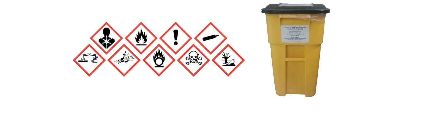 Chemical hazard pictograms with a yellow bin on the right