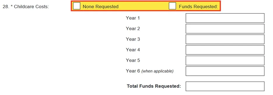 Screen shot of FORMS-H PHS Fellowship Supplemental form, line 28 request for childcare costs